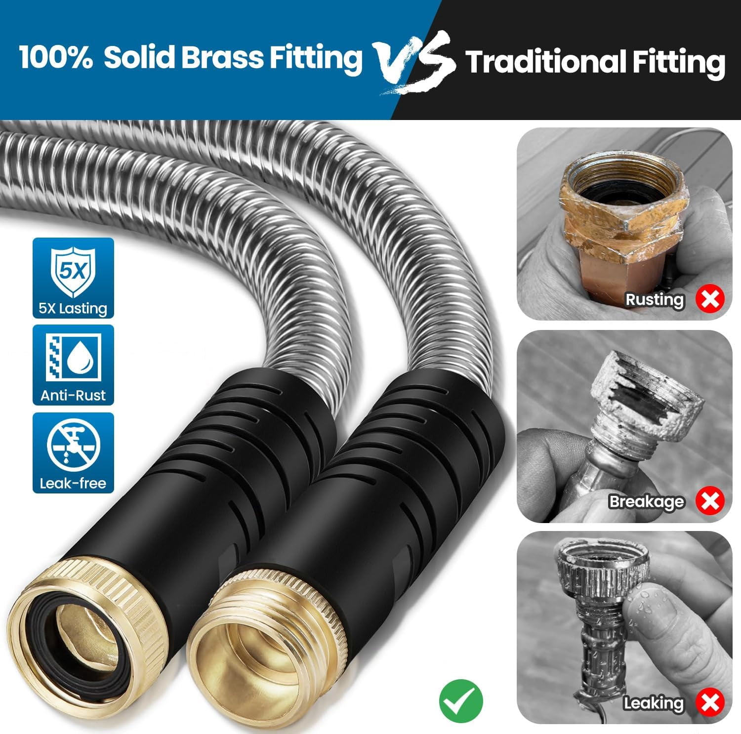 50FT Garden Hose with 10 Function Nozzle, Kink- & Leak-Proof Metal Hose for Lawn, Yard, RV, Car Wash