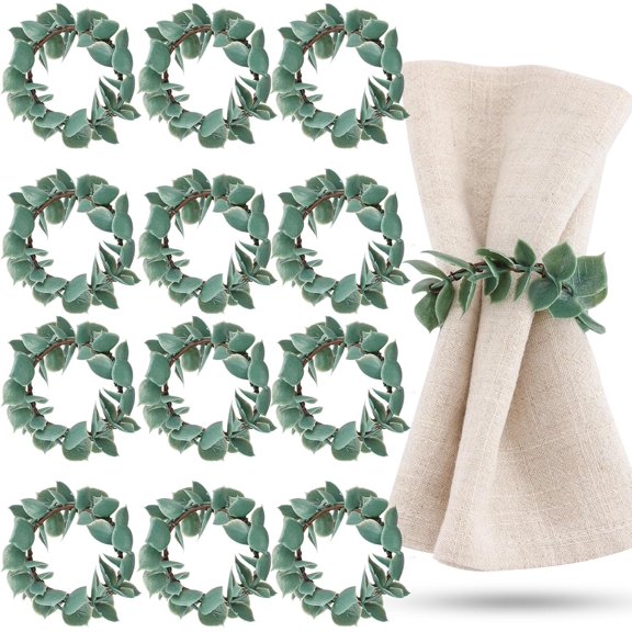 ABPETE Napkin Rings Set of 12 Eucalyptus Leaf Napkin Rings Rustic Farmhouse Greenery Spring Wreath Napkin Ring Holders for Wedding Banquet Christmas Family Dining Table Decoration, (Classic Style)