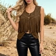 thumbnail image 3 of Atkumj Western Vest Women Vintage Suede V Neck Fringe Hem Button Up Vests Fashion Casual Solid Color Cropped Women Vest Top for Everyday Western Look 2XL, 3 of 6