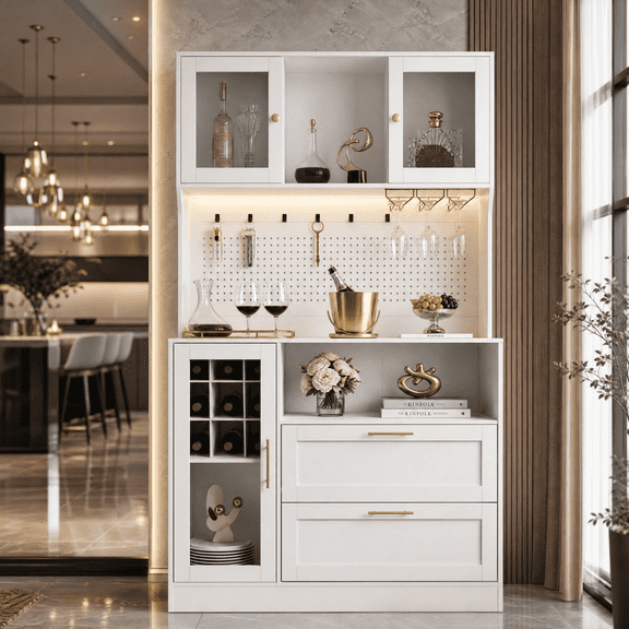 71" Tall Coffee Bar Cabinet with Wine Rack, White Kitchen Pantry Storage with RGB LED Lights, DIY Pegboard, Drawers, and Microwave Stand