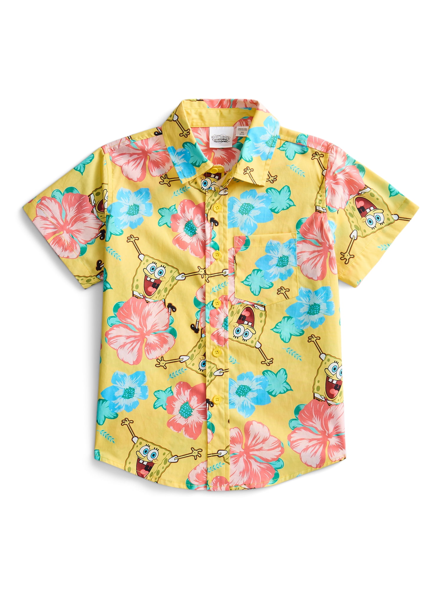 SpongeBob SquarePants Boys Cotton Graphic Button Up Shirt with Short Sleeves, Sizes 4-18