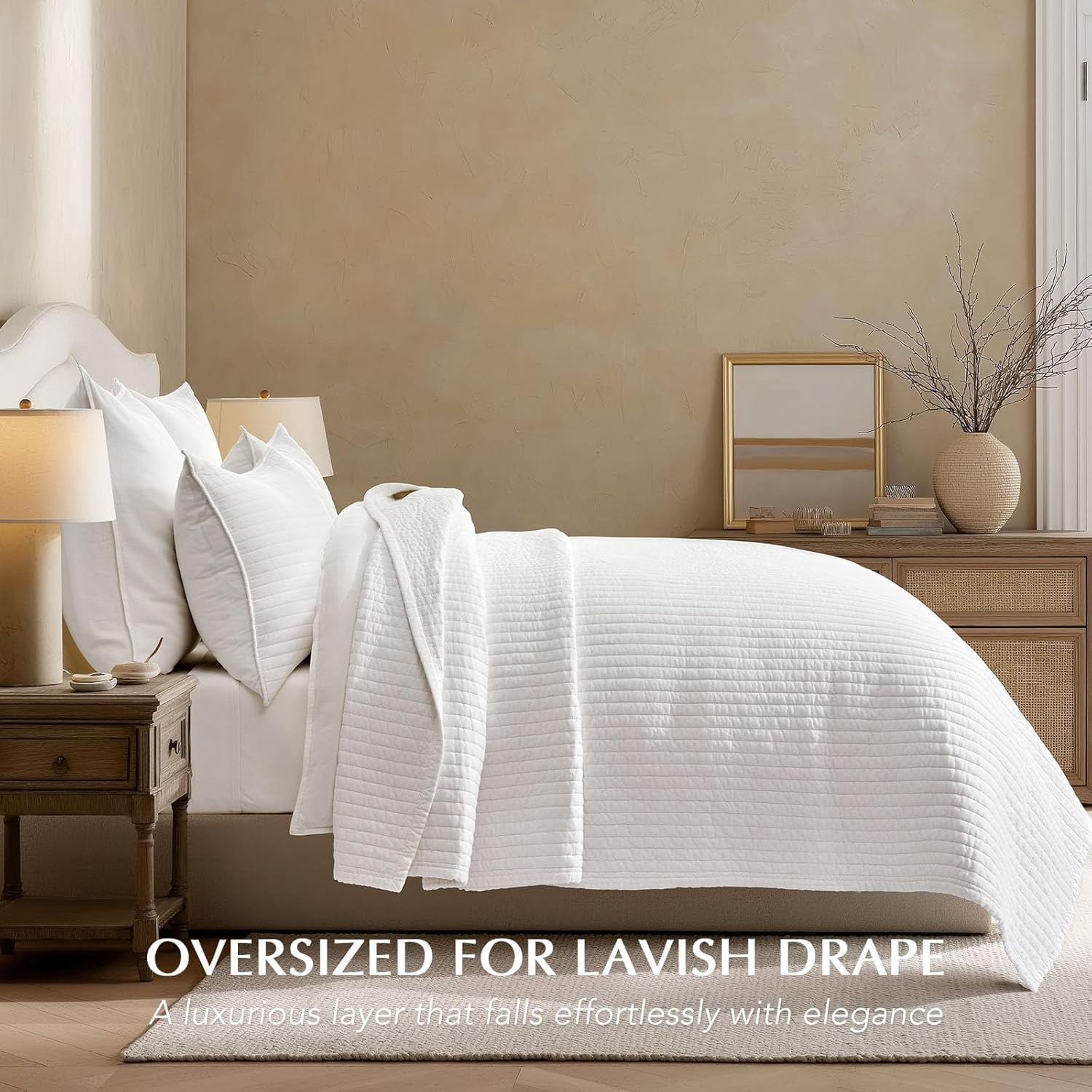 EVERGRACE Cotton Sateen Quilt Set Queen Size, Pre-Washed Cotton Channel Stitch Coverlet Bedspread, 3 Pieces Lightweight Soft Bedding Sets for All Season, with 2 Pillow Shams, Bright White