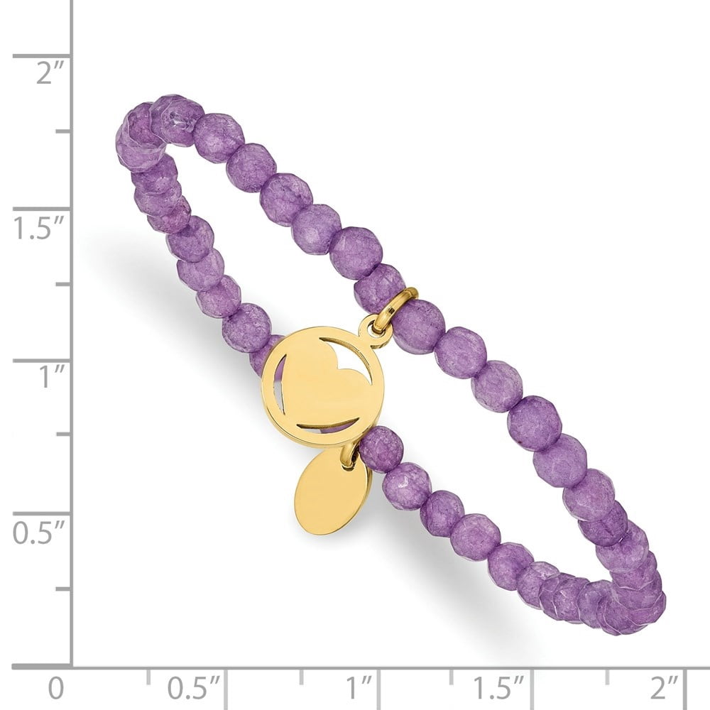 Auriga Stainless Steel Yellow IP-plated Heart 4mm Light Purple Jade Beaded Stretch Bracelet for Women