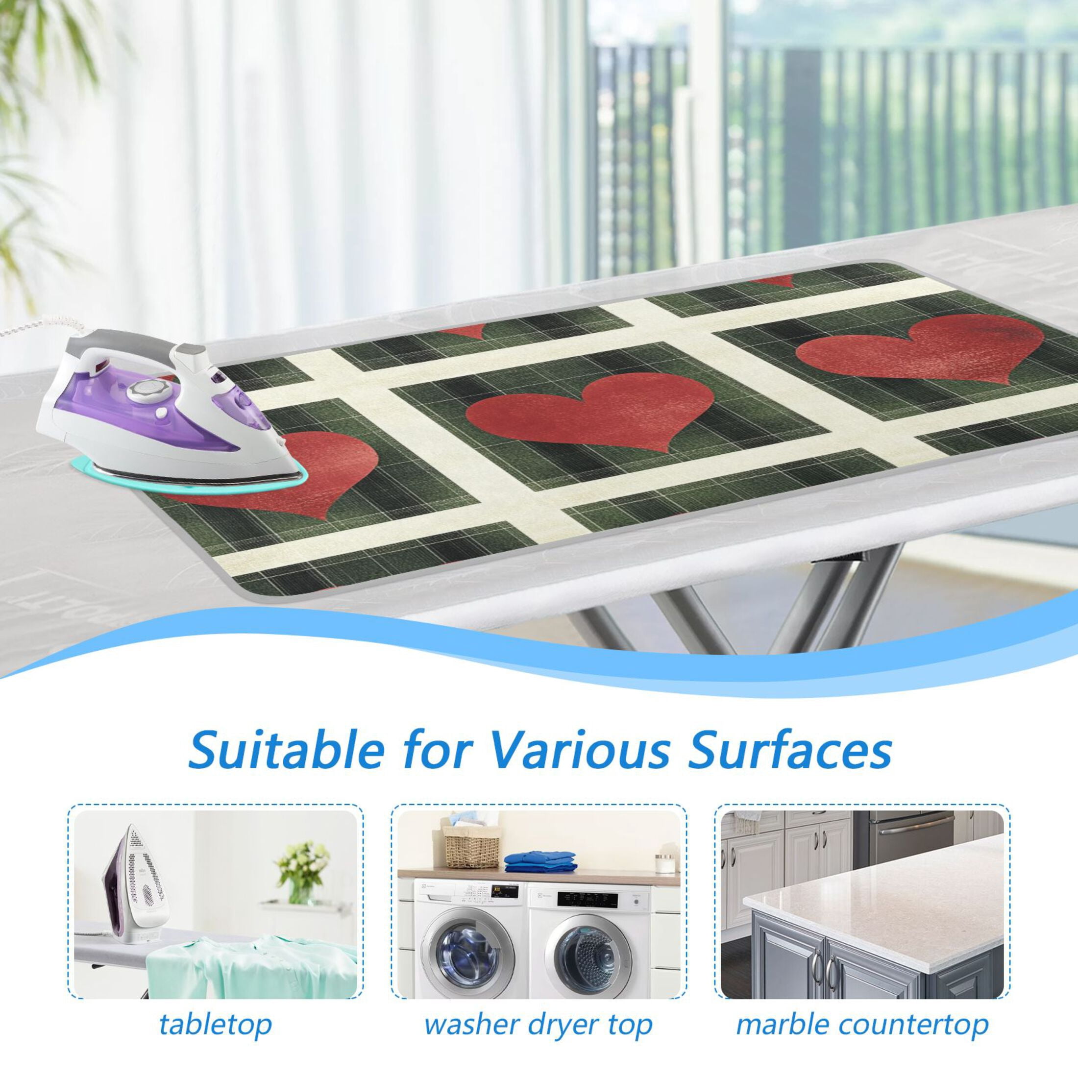 Green Plaid Hearts Valentine Ironing Mat Blanket Portable Travel Ironing Pad Heat Resistant Pad 47.2" x 27.6”