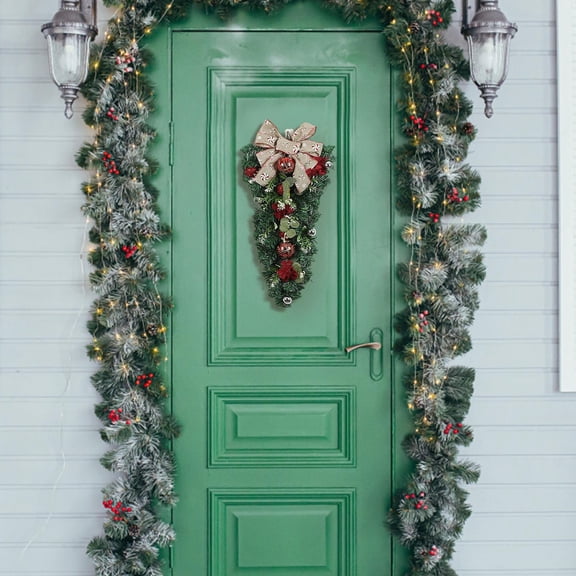 1 PC Christmas Teardrop Swag, 23.62 inch Christmas Swag Outdoor with Bowknot, and Glitter Balls, Christmas Stairs Decoration, Winter Teardrop Wreath for Front Door Wall Window Home Xmas Decor