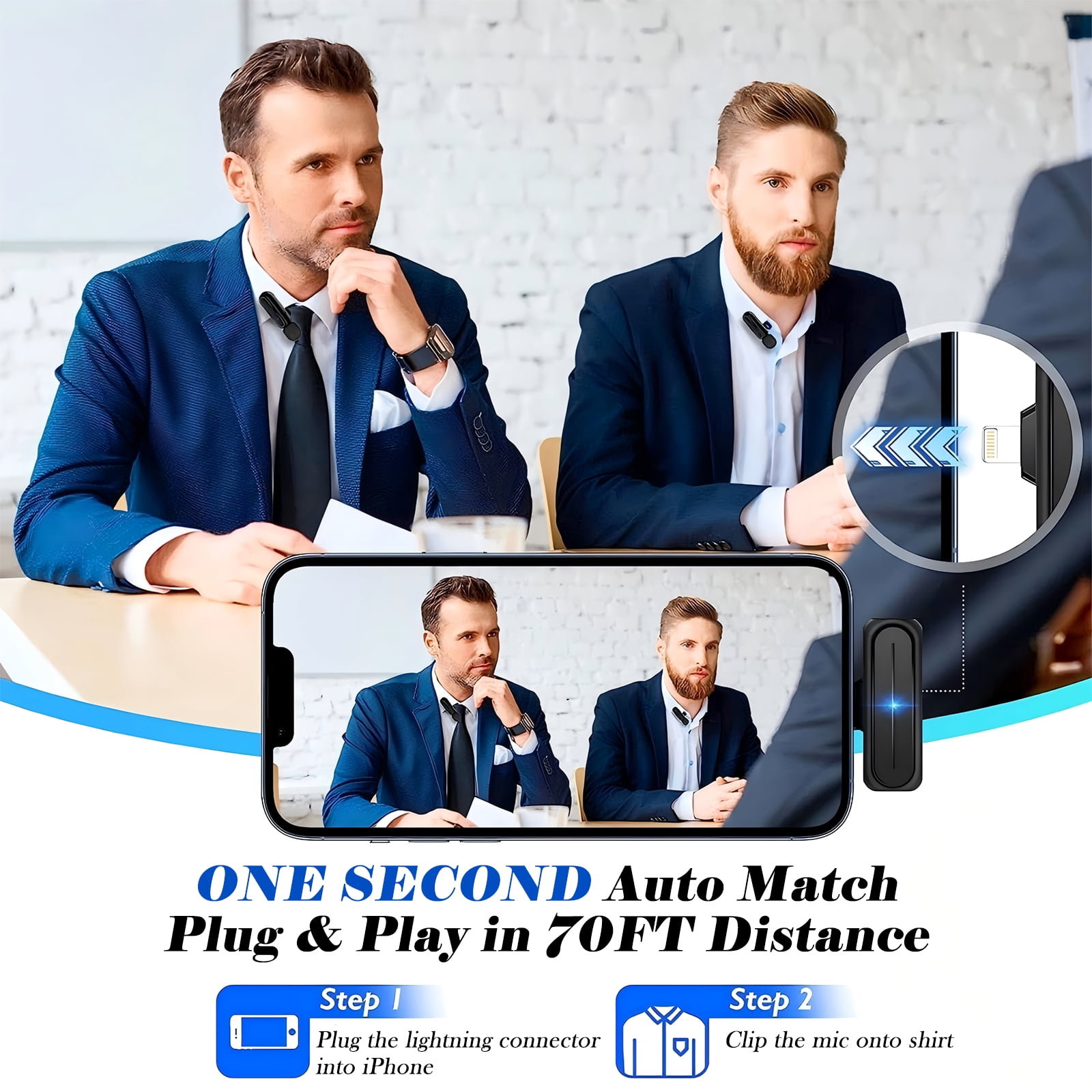 RONY Plug-Play Wireless Lavalier Microphone for iPhone iPad, Noise-Cancelling Mini Lapel Mics with the Charging Case
