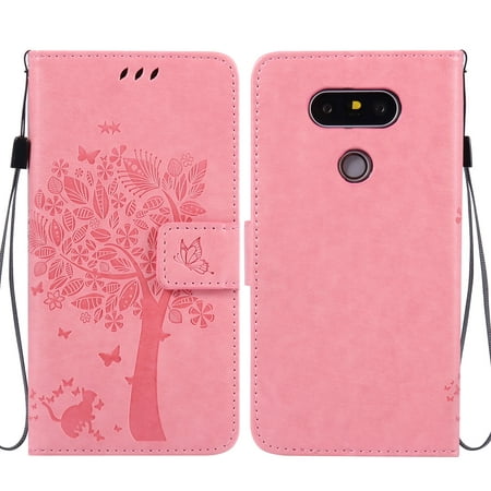 LG G5 Wallet Case, LG G5 Phone Case, Allytech Embossed Cat & Tree Series, Ultra Slim PU Leather Full Body Protective Defender Case Cover Shell Folio Flip Stand Cover With Card Holder for LG G5, Pink
