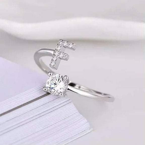 HOOUN Shining Rhinestone 26 Letters Adjustable Rings For Women Charm Jewelry Gift#-F