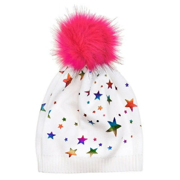 Maniere Girl's Foil Star Faux Fur Pom Pom Hat