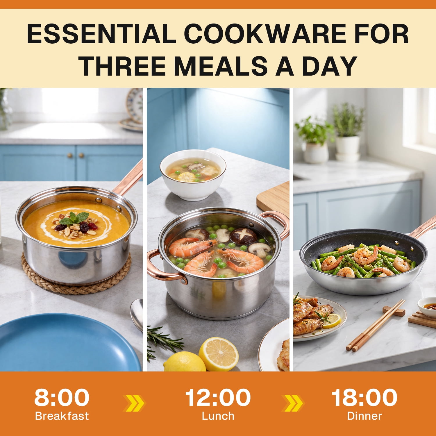 Behome 12Pcs Stainless Steel Cookware Set, Pots and Pans Set with Ergonomic Handles, Compatible with Induction, Electric, Gas Cooktops, Dishwasher Safe
