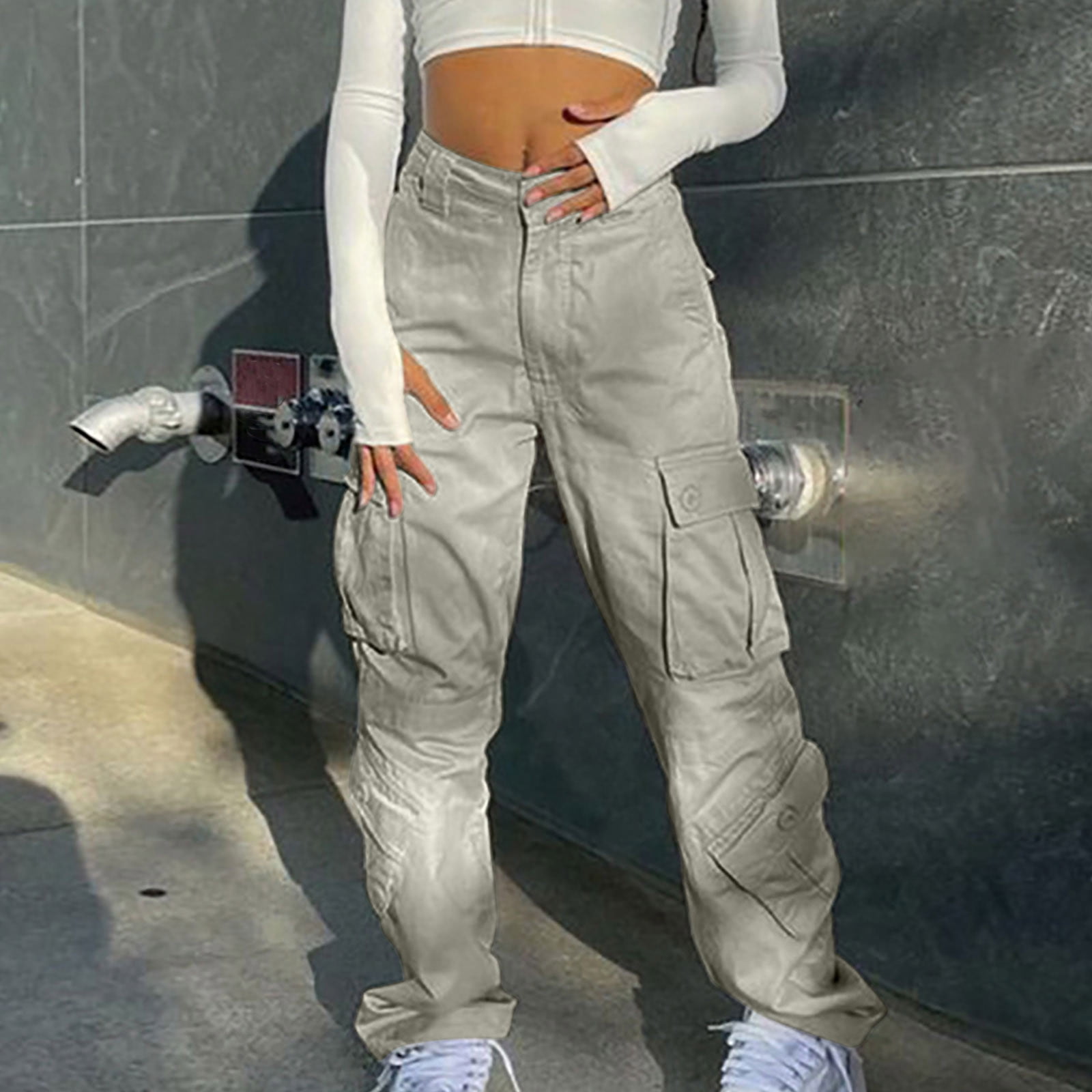 VSSSJ Women's Vintage Cargo Pants Oversized Fit Solid Color