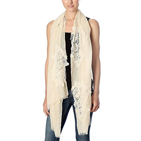 - Women's Floral Pattern Lace Edged Detail Cotton Blend Scarf (Beige)
