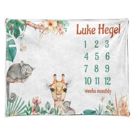 Image of Tropical Milestone Blanket Exotic Jungle Leaves Flowers and Animal Giraffe and Tarsier Monkey Forest Growth Chart with Custom Names Photography Background 40 x 60 Jade Green Peach by Ambesonne