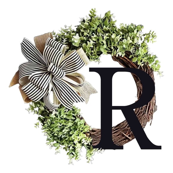 Sruoe 26 Letters 15" Wreath with Bow Rattan Ring, Wreath for Front Door, Hanger Decor for Wedding Home Outdoor Indoor, Door Window wall Decor Family Women Gifts