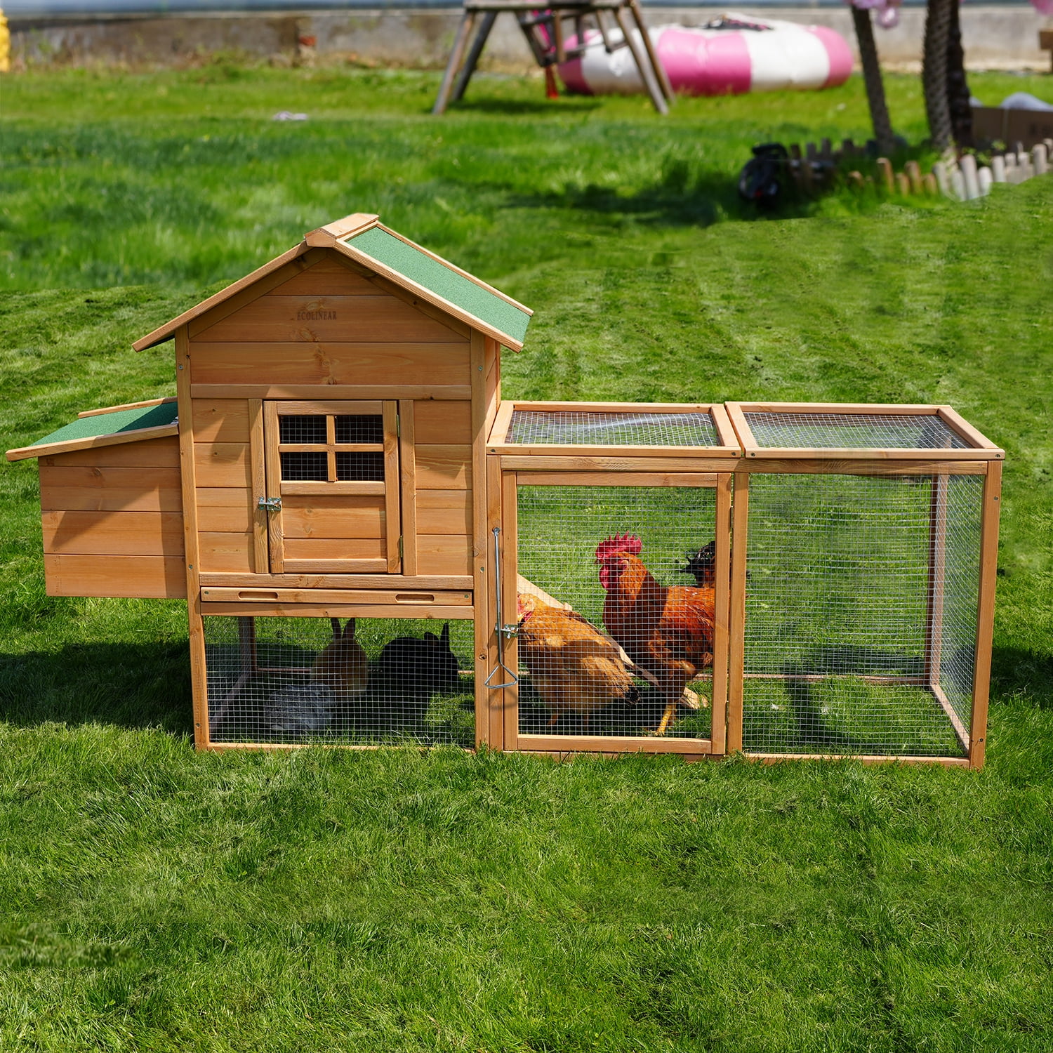 Chicken Coop for 2-4 Chcikens Outdoor Wooden 80'' Rabbit Hutch Poultry House with Chicken Run Cage, Egg Box & Waterproof Roof for Garden Backyard