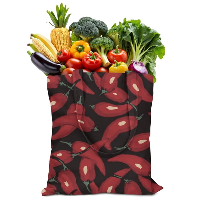Sac Fourre-Tout en Toile Chili Motif Légumes Rouges Épicés Illustration Peinture Esthétique Kawaii Dessin Animé Réutilisable Écologique Léger Pliable