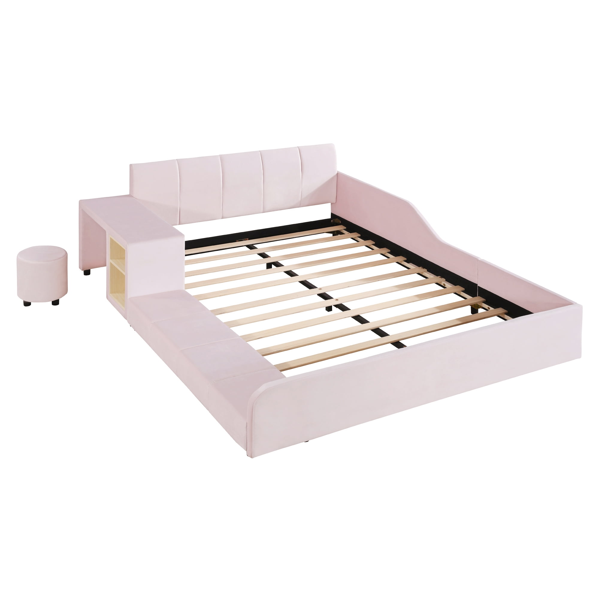 Aukfa Full Size Mother & Child Bed Frame, Velvet Upholstered Platform Bed with Bedside Desk & Stool, Grounded Design, Pink
