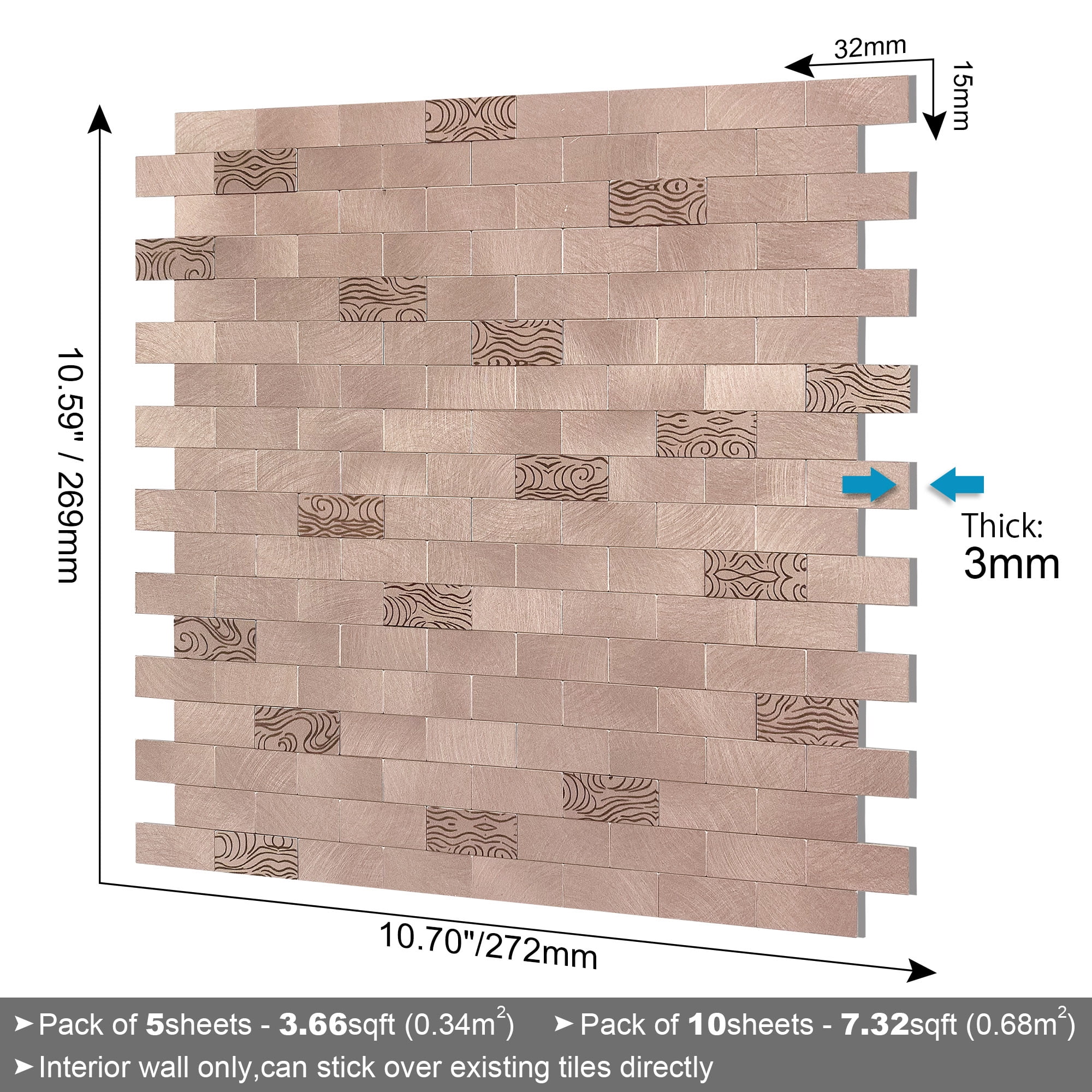 BeNice Peel and Stick Backsplash Kitchen Backsplash Tile Stickers Metal Rose Gold