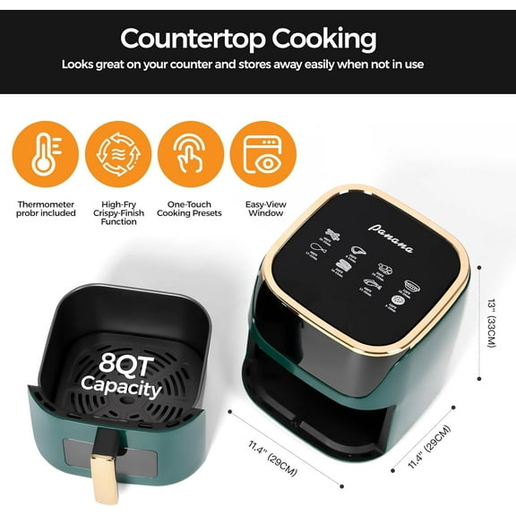8QT Large Air Fryer - Green, 8 Preset Menus, Touchscreen Display, Nonstick Basket for Family Use