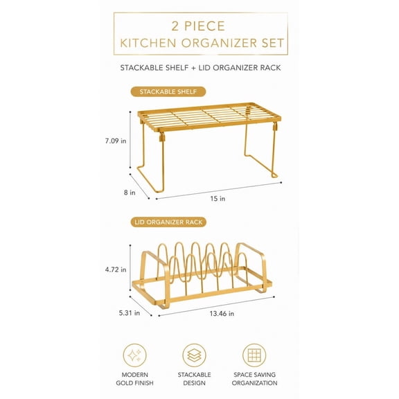 Kitchen Organizer Set with Stackable Shelf and Lid Organizer Rack, Gold, 2 Count