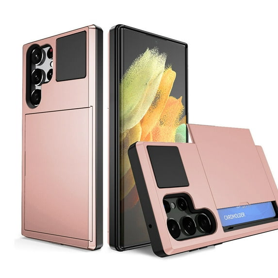 SOATUTO Compatible with Samsung Galaxy S23 Ultra With Credit Card Holder Armor Dual Layer Hybrid Shockproof Soft Rubber Wallet Case For Samsung Galaxy S23 Ultra(Rose Gold)