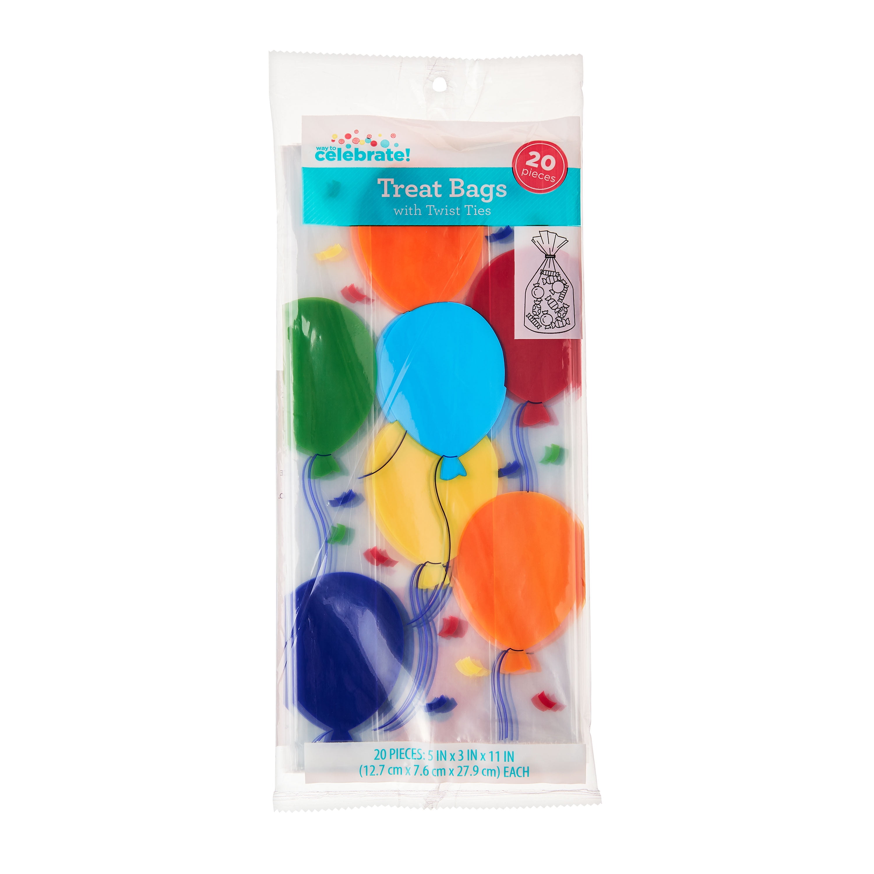 Multicolor Balloons Treat Bags with Twist Ties, 5" x 3" x 11", 20 Pieces, by Way To Celebrate