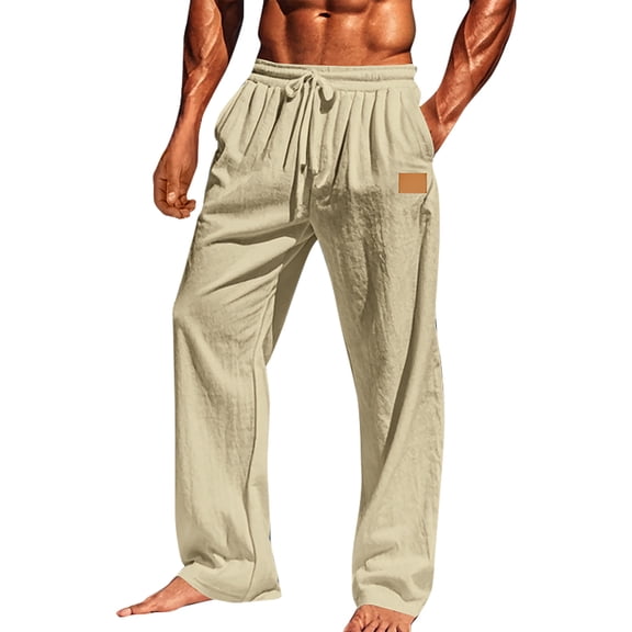 GrmtClth Linen Pants Men Elastic Waist Drawstring Casual Yoga Beach Pants Lightweight Loose Cotton Linen Pants 2026 Summer Relaxed Fit Travel Pant with Deep Pockets Khaki 2XL