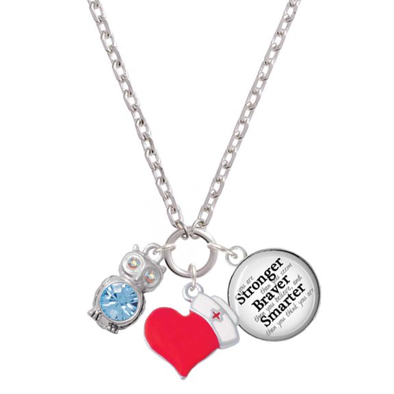 Delight Jewelry Silvertone 3-D Light Blue & AB Crystal Owl - Red Heart Nurse Strong Zoe Necklace