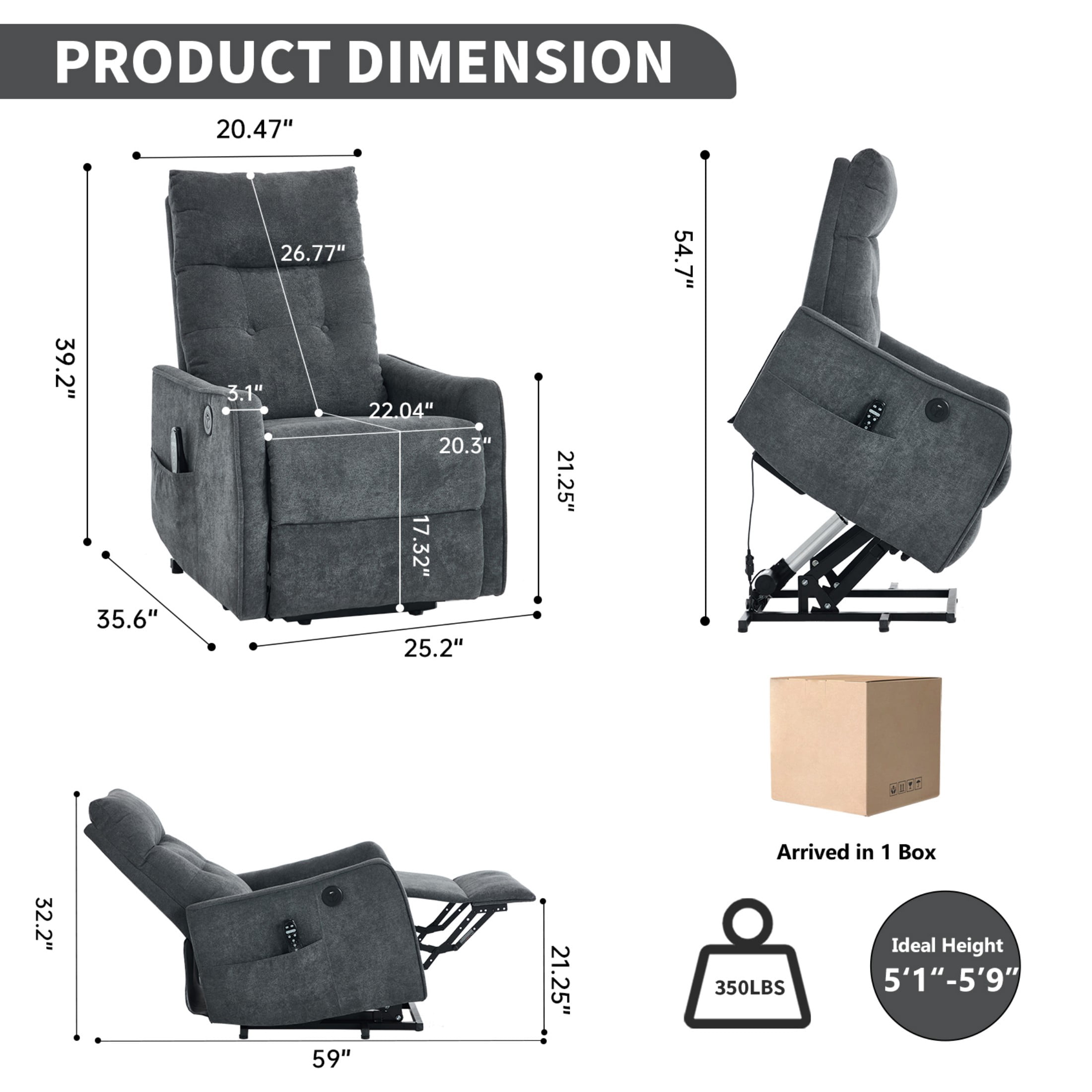 Aukfa Power Lift Recliner Chair with Massage and Heat for Elderly, Electric Chair with USB Port & Side Pocket for Living Room, Dark Gray
