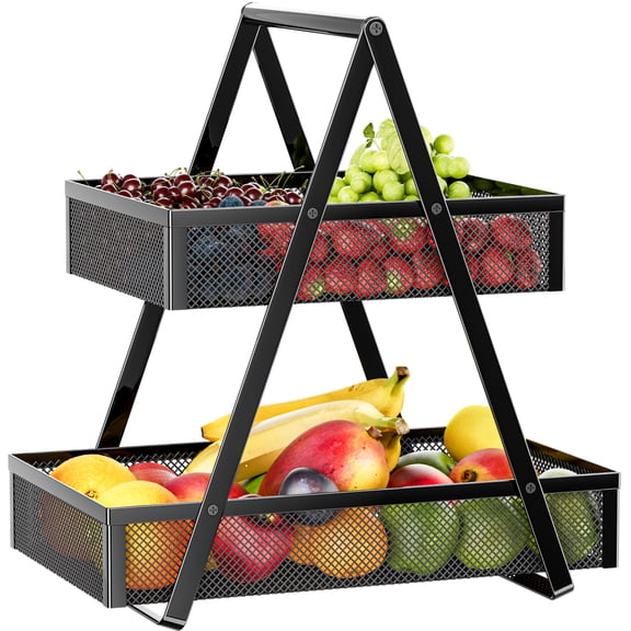 2 Tier Fruit Basket Kitchen Organizer Black Metal Handle for Fruits Vegetables Countertop Pantry Dining & Picnic
