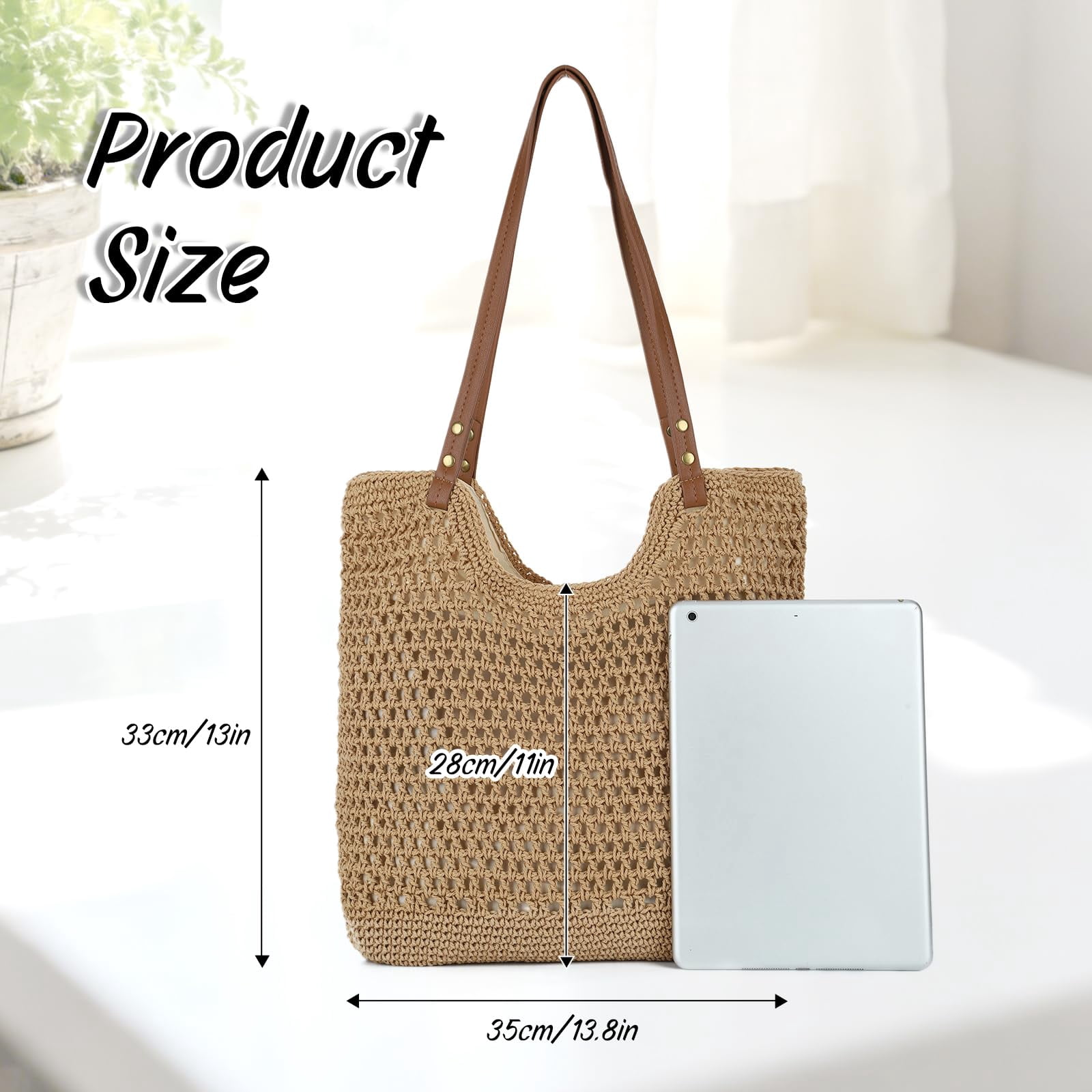 mirlewaiy Beach Bags for Women Woven Crochet Summer Purse 2026 | Boho Tote Bag, 13.8" Large Capacity, Tote Bag with Zipper, Foldable Packable, Beach Shipping, Vacation Purse