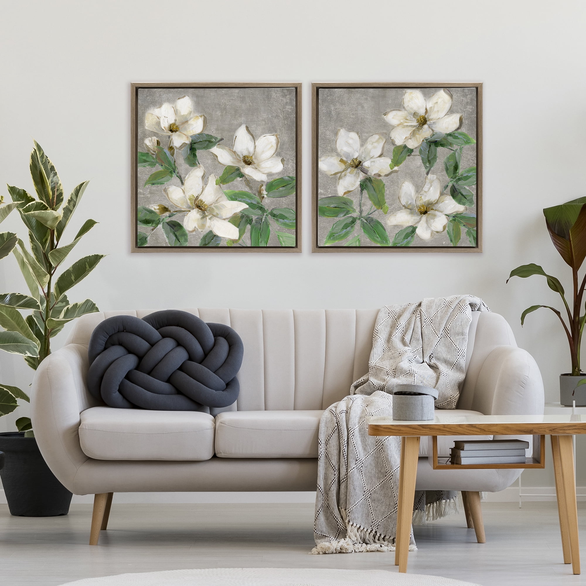 Stupell Industries Blooming Ivory Magnolias 2 Piece Brown Framed Floater Canvas Set, design by Sally Swatland