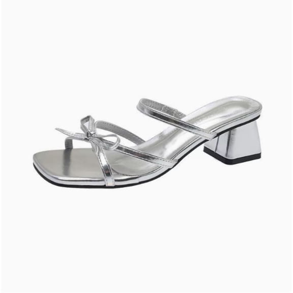 CHICVOMEY Women's Strappy Silver Sandals with Bow Low Block Heel Square Toe Dressy Kitten Heel Sandals for Prom Party Wedding Date