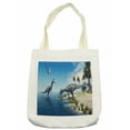 thumbnail image 1 of Jurassic Tote Bag, Large Fish is Caught by a Suchomimus Dinosaur Flying Pterosaur Dinosaur, Cloth Linen Reusable Bag for Shopping Books Beach and More, 16.5" X 14", Cream, by Ambesonne, 1 of 2
