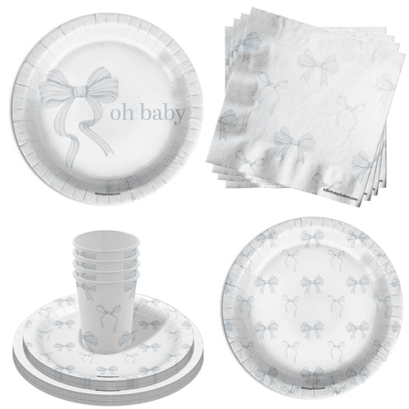 Oh Baby Blue Bows Baby Shower Party Supplies - 64 Piece Baby Shower Tableware Set Includes Large 9" Dinner Plates and 8" Dessert Paper Plates Napkins Cups - Kit for 16