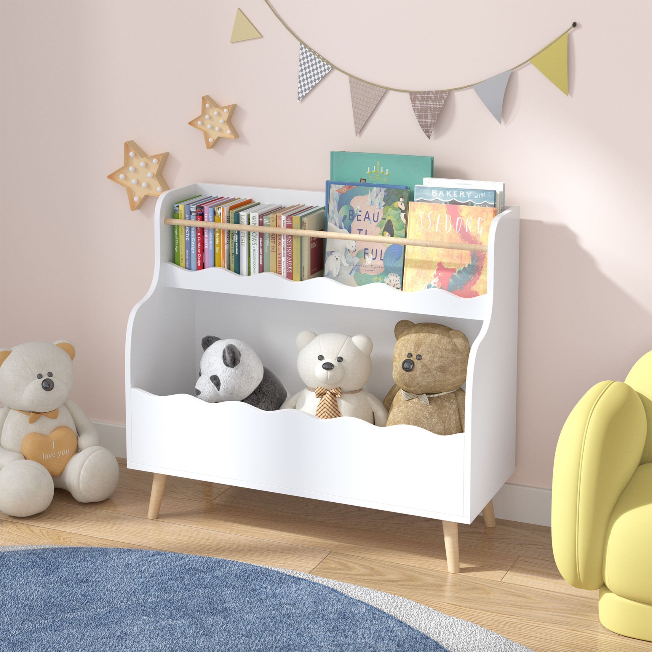 Noble House 31.3" Kids 2-Tier Bookcase with Rod, Wavy Front Book and Toy Storage Cabinet Organizer, Kid Room, White