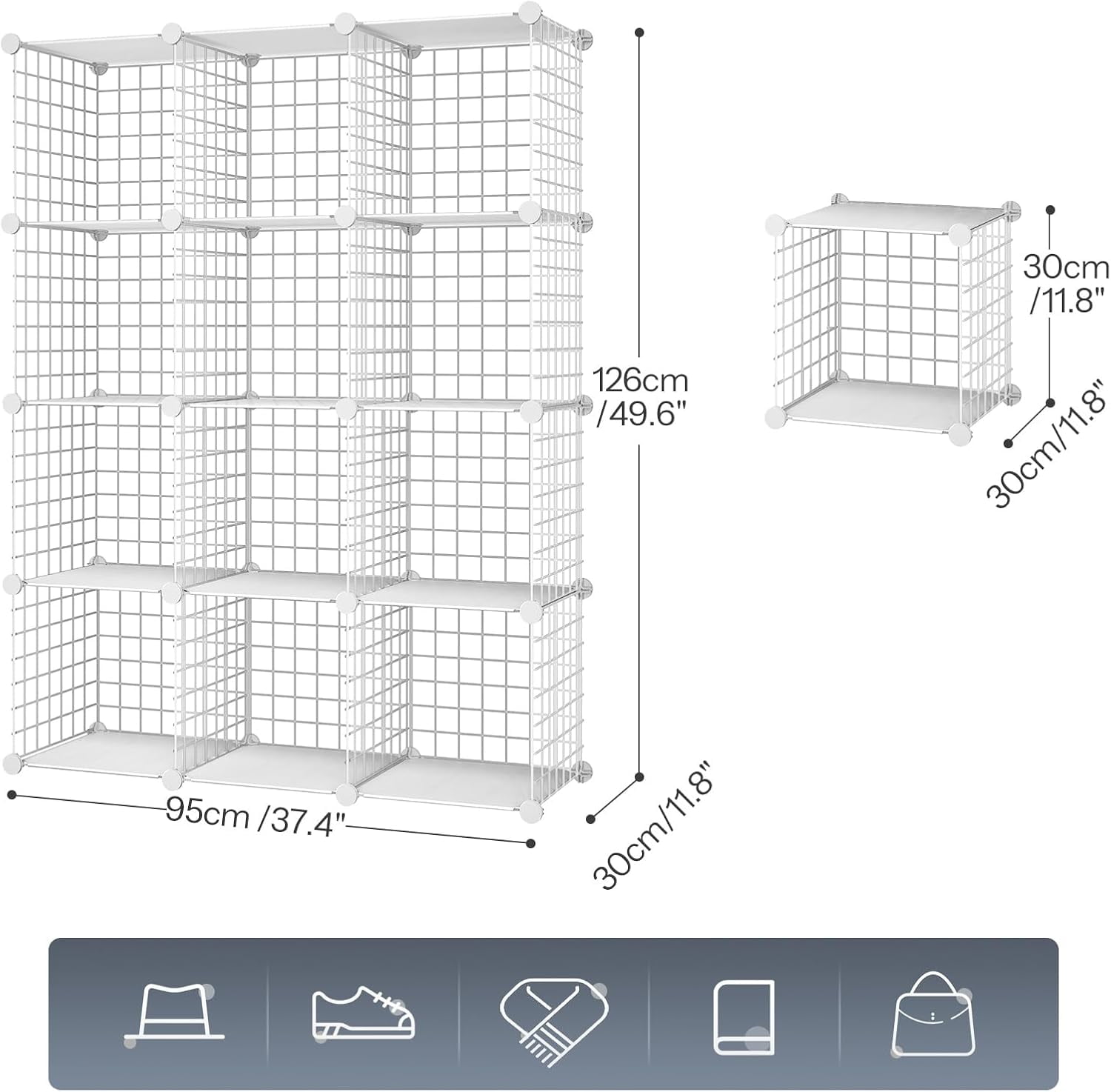 Cube Storage Organizer, Wire Cube Storage, 12-Cube Metal Grid Storage Shelf, Modular Cabinet, DIY Cube Bookshelf, for Living Room, Bedroom, Study, White