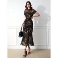 thumbnail image 3 of Multicolor Floral Print Mesh Round Neck Short Sleeve Waist Ruffle Hem Maxi Dress, 3 of 8