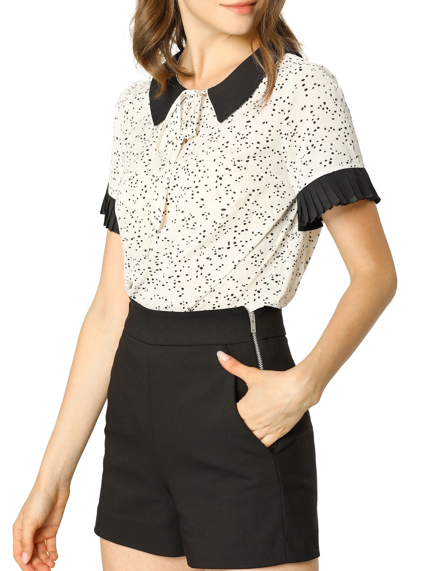 Unique Bargains Women's Polka Dots Contrast Doll Collar Short Sleeves Top S Beige