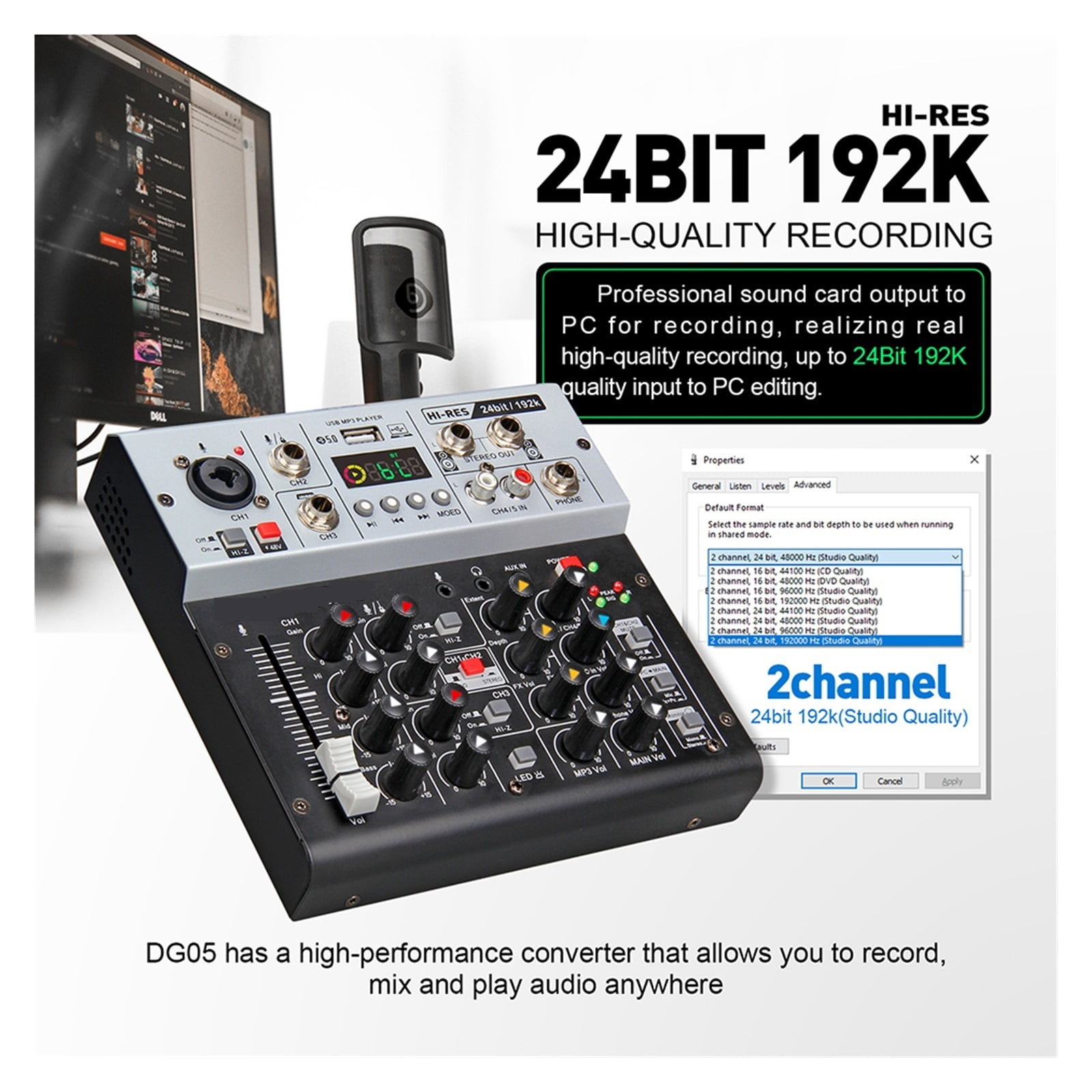 Interface Sound Card With Monitoring, Studio Quality 24bit 192k, 5.0 BT PC, Live Recording Of Electric Guitar, Singing ,Easy to Operate