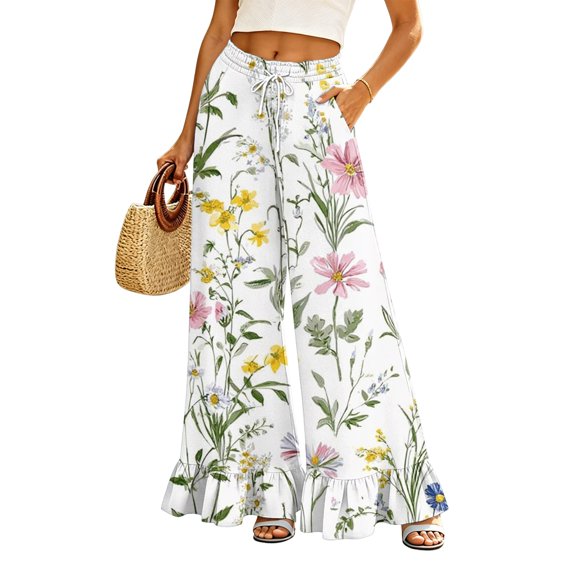 Sewkxo Womens High Waisted Floral Boho Palazzo Pant Casual Flowy Wide Leg Pants Summer Loose Trousers Cruise Outfits,Multicolor L