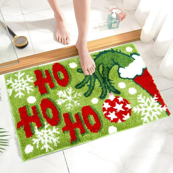 Christmas Bath Mat, Cute Decor Rugs Non-Slip Absorbent Washable, Fluffy Microfiber Plush Xmas Festive Holiday Green Shaggy Floor Rugs, Shower Mats for Bathtub(24"x16", Hohoho)