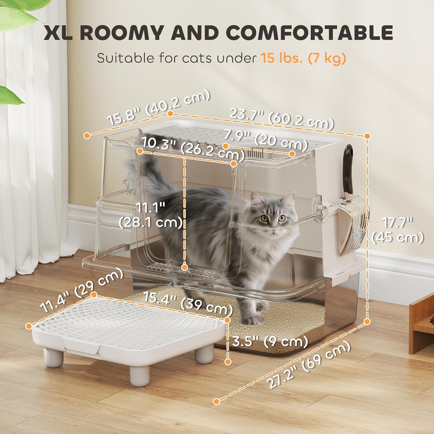 XL Stainless Steel Litter Box with Lid, Extra Large Top & Side Entry Enclosed Litter Box for Big Cats with 100° Flip Top, Scoop, Step, Odor Free, Easy Cleaning, Non-Sticky, Anti Leakage