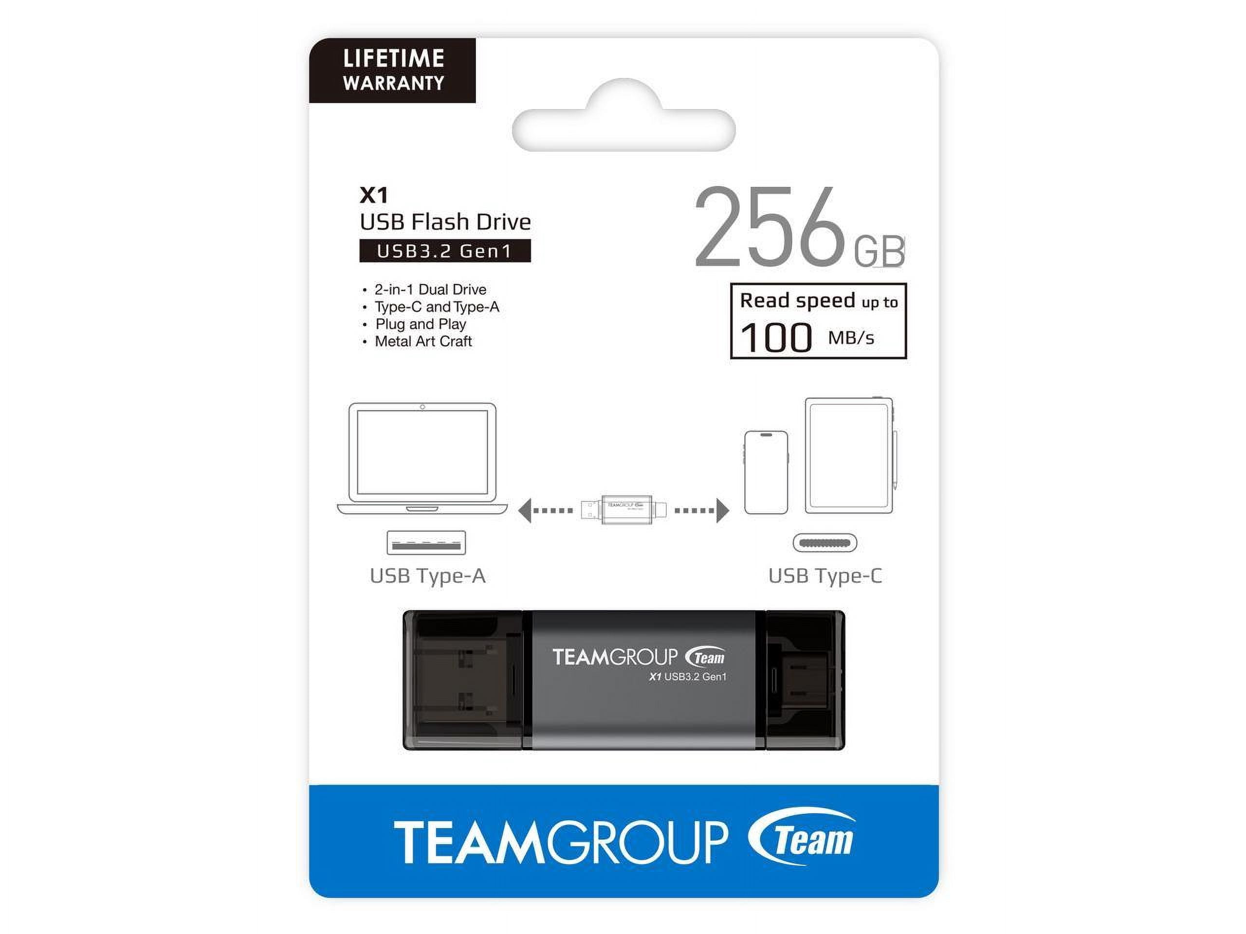 Team 256GB X1 USB 3.2 Gen1 2-in-1 Type-A and Type-C Flash Drives, Speed Up to 100MB/s (TX13256GB01)
