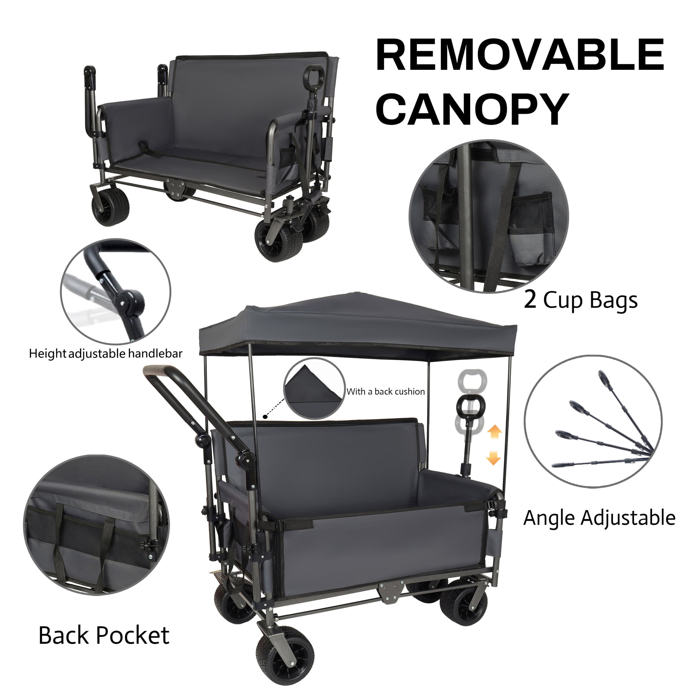 GDF Studio 3-in-1 Folding Wagon Cart with Bench Seat, Detachable Canopy, and Storage, Heavy-Duty Utility Wagon, Gray