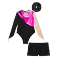 thumbnail image 4 of Alvivi Kids Girls Rhinestone Mesh Long Sleeve Gymnastics Leotard Skating Jumpsuit with Shorts Hair Band Hot Pink&Black 6, 4 of 5