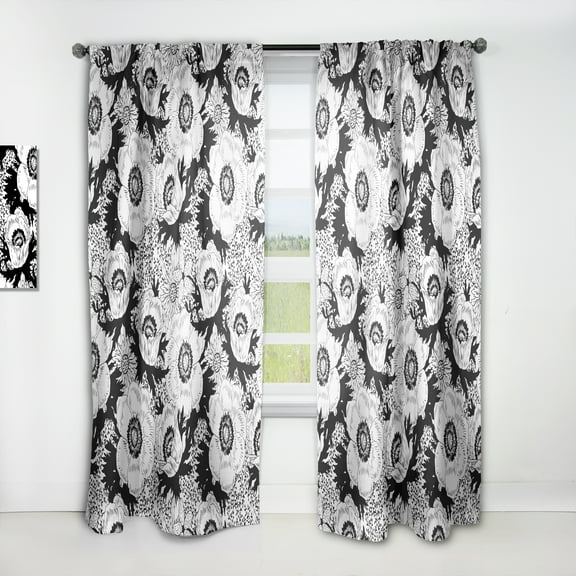 Designart 'Retro Black and White Flowers Pattern' Mid-Century Modern Curtain Panel