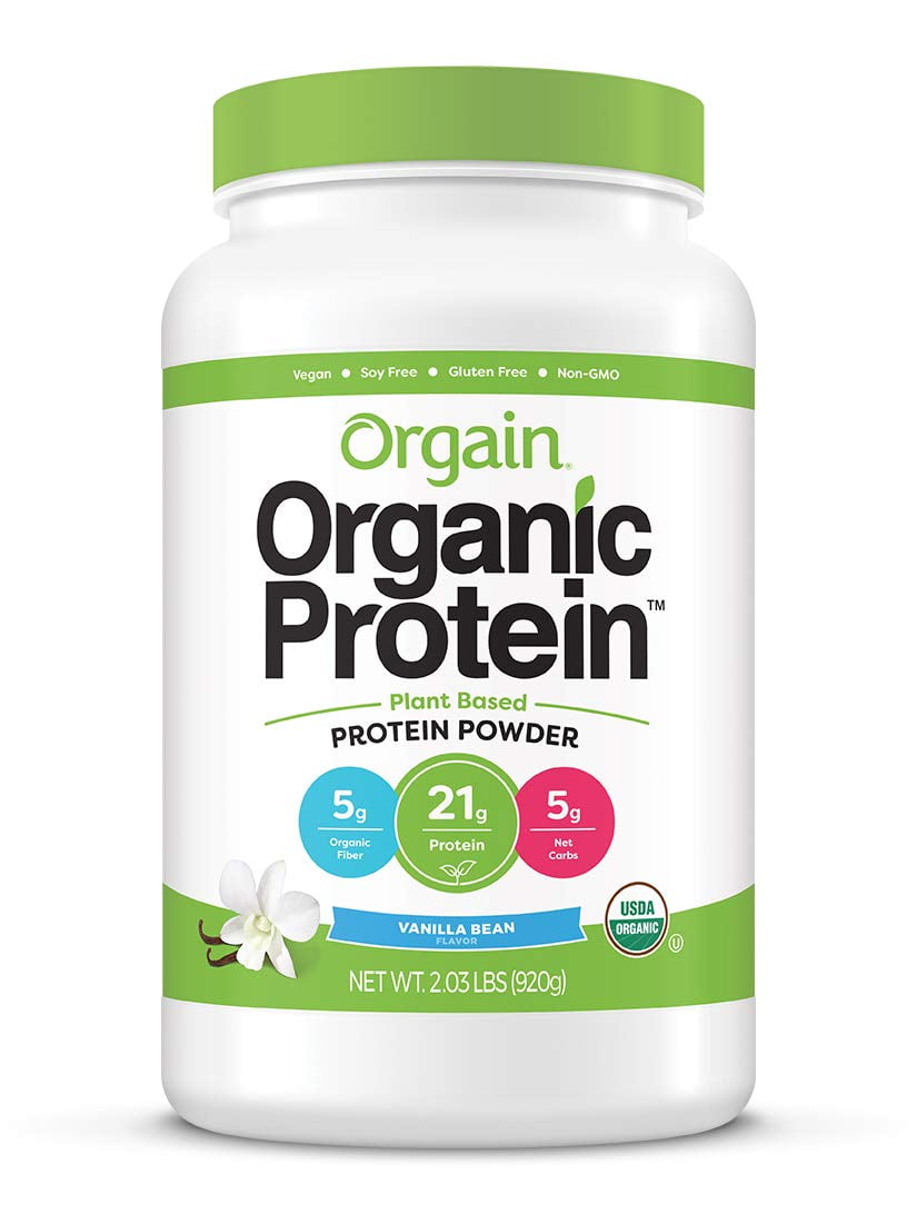 Orgain Organic Plant Based Protein Powder, Vanilla Bean - Vegan, Low Net Carbs, Non Dairy, Gluten Free, Lactose Free, No Sugar Added, Soy Free, Kosher, Non-GMO, 2.03 Pound (Packaging May Vary)