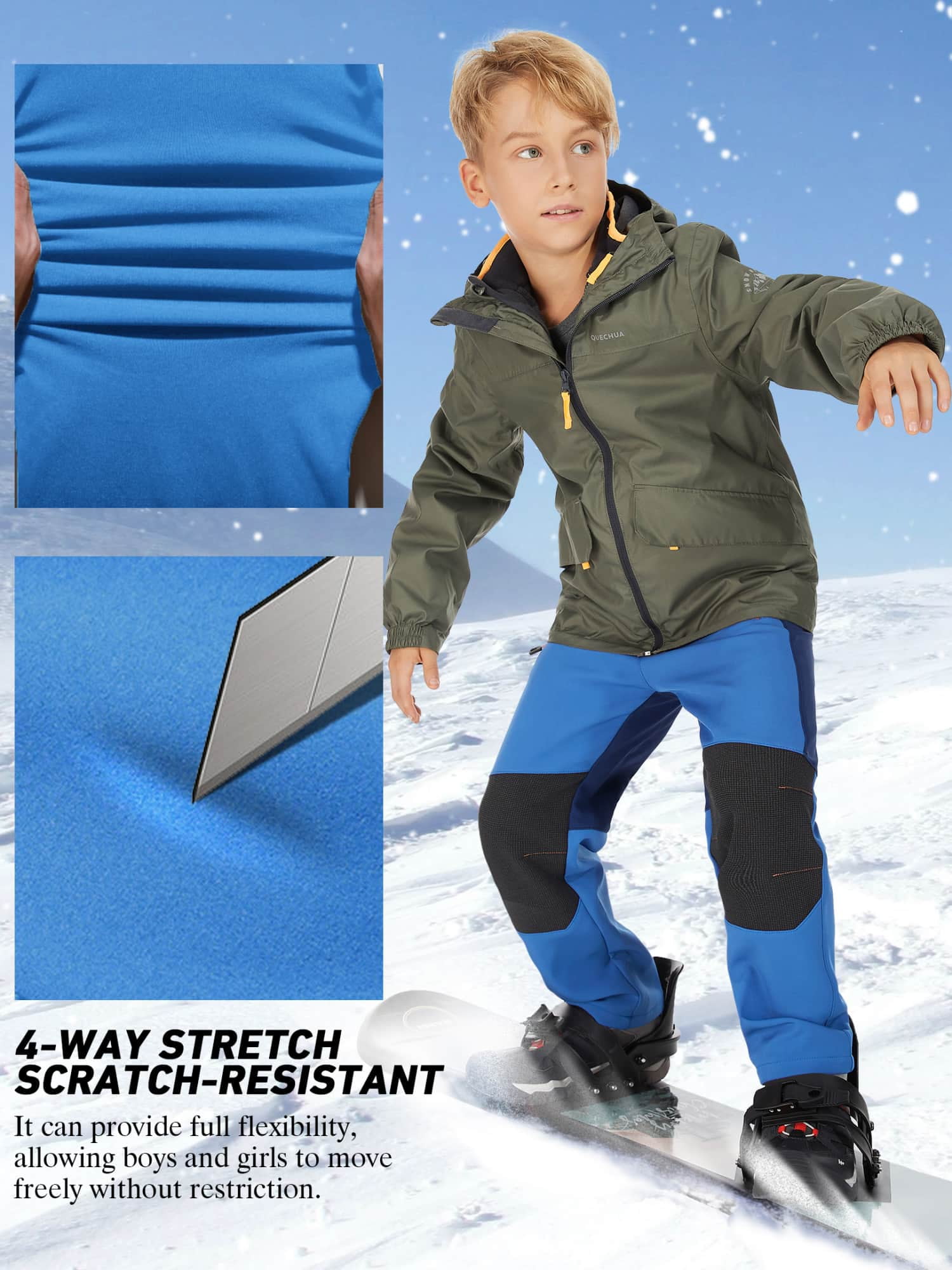 FEN AI Boy's Kids Youth Ski Snow Pants Windproof Waterproof Hiking Pant Expandable Waist Soft Shell Winter Warm Insulated Trousers Blue Size 8-9
