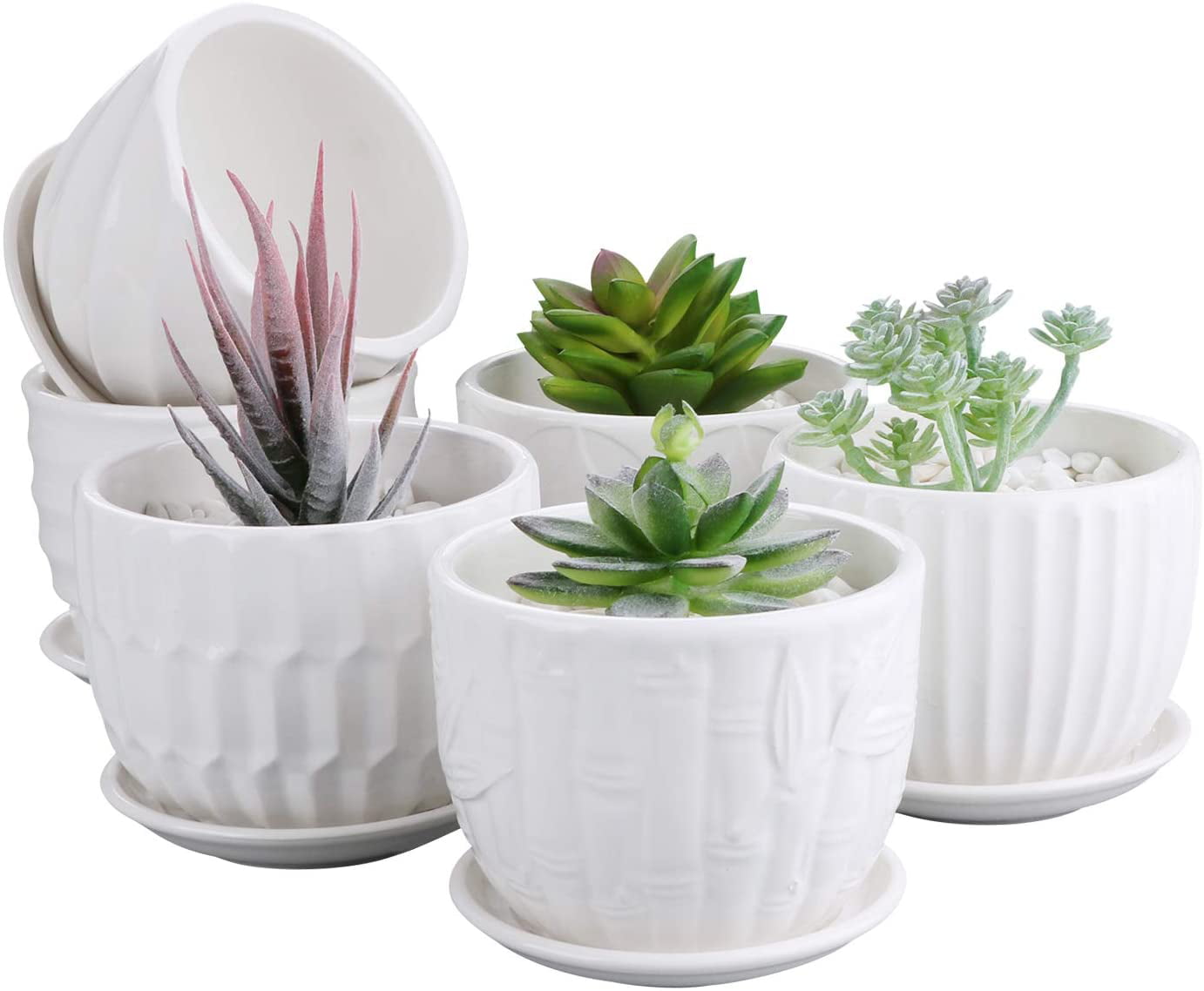 Set of 3; Pink Flower Pots Planters with Connected Saucer 